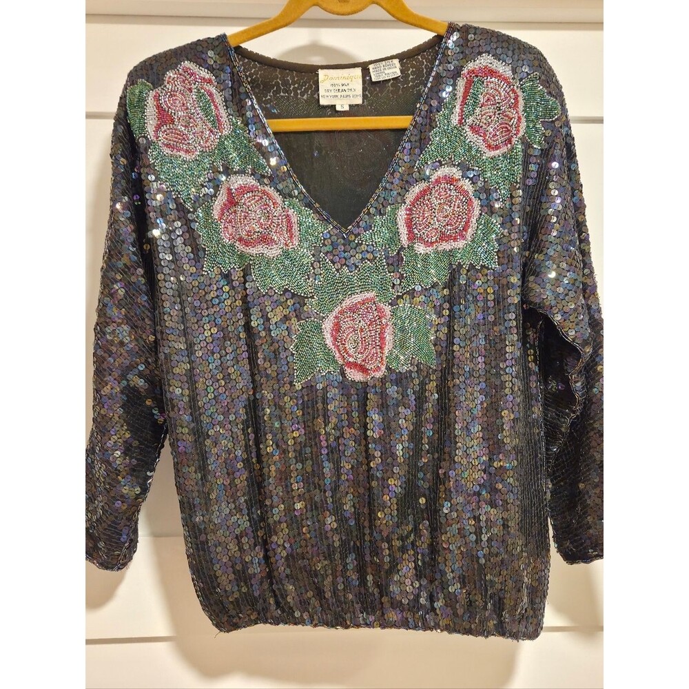 VINTAGE Dominique Sequin Silk Blouse – Beaded Rose Floral – 80s Trophy Top